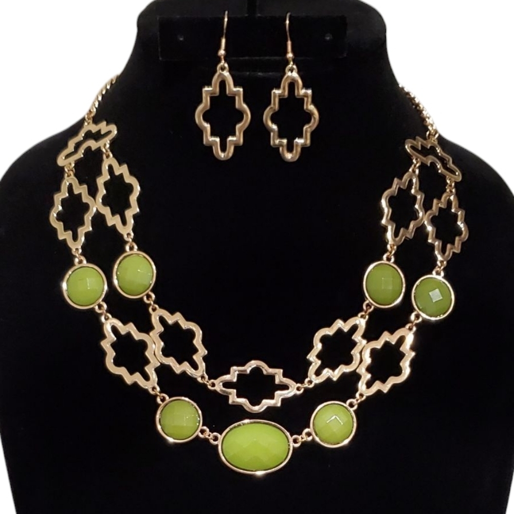 J Creative Gold-Tone & Green Faceted Quatrefoil 18" Adj. Necklace & Earring Set